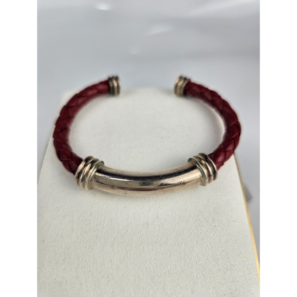 ESPO 925 Sterling Silver Red‎ Leather Cuff Bracelet Open Bangle
